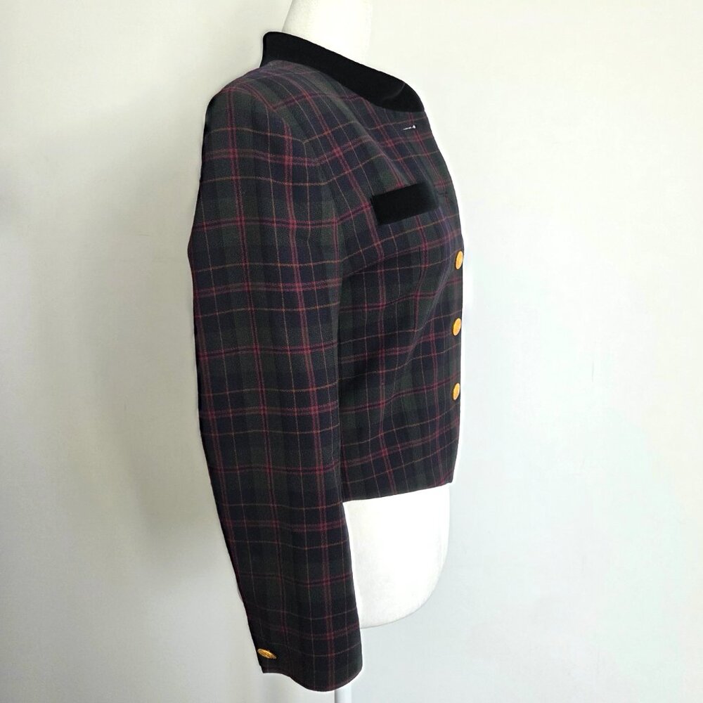Vtg Wool Plaid Blazer Size 8P Velvet Trim Gold Button Old Money Heritage‎ Preppy - Picture 7 of 15